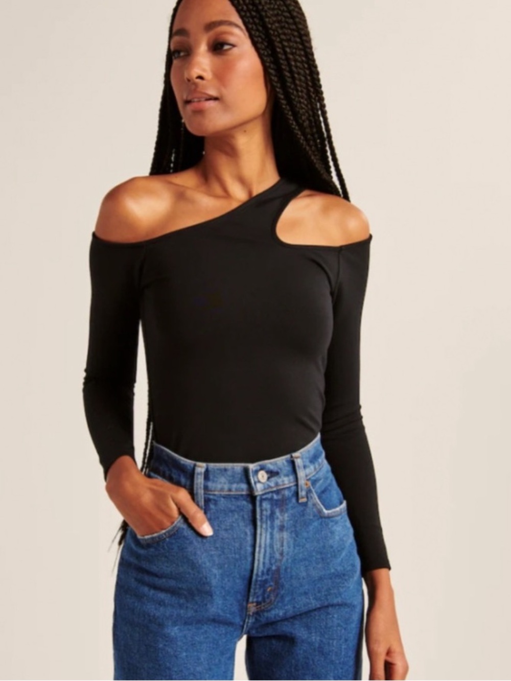 Abercrombie & Fitch Asymmetric Cutout Off The Shoulder Top Black S - Picture 1 of 6
